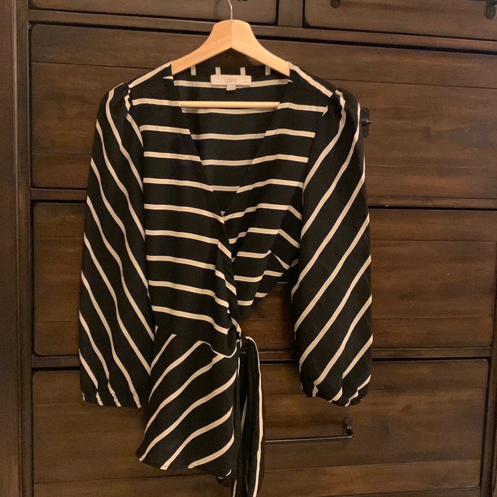 Adorable black wrap top with tan and ivory stripes, MP, EUC